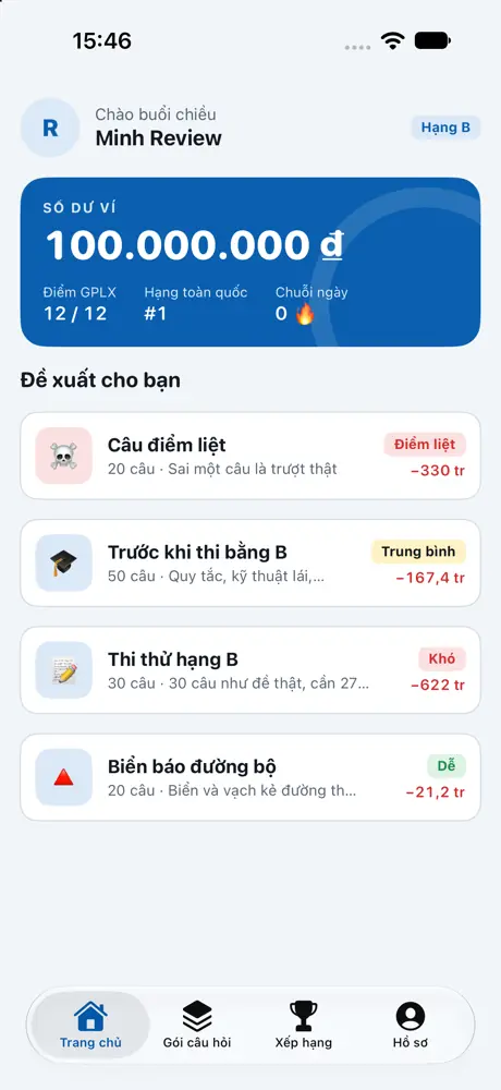 Màn hình trang chủ Lái Mới với ví mô phỏng 100.000.000 ₫ và các gói câu hỏi đề xuất