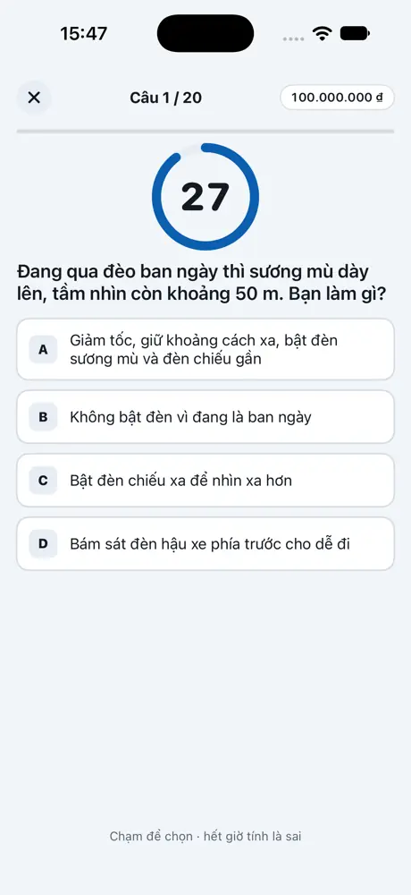 Màn hình trả lời câu hỏi tình huống lái xe với đồng hồ đếm ngược
