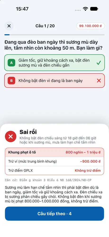 Màn hình hiển thị đáp án sai với khung phạt, mức trừ ví và căn cứ pháp lý
